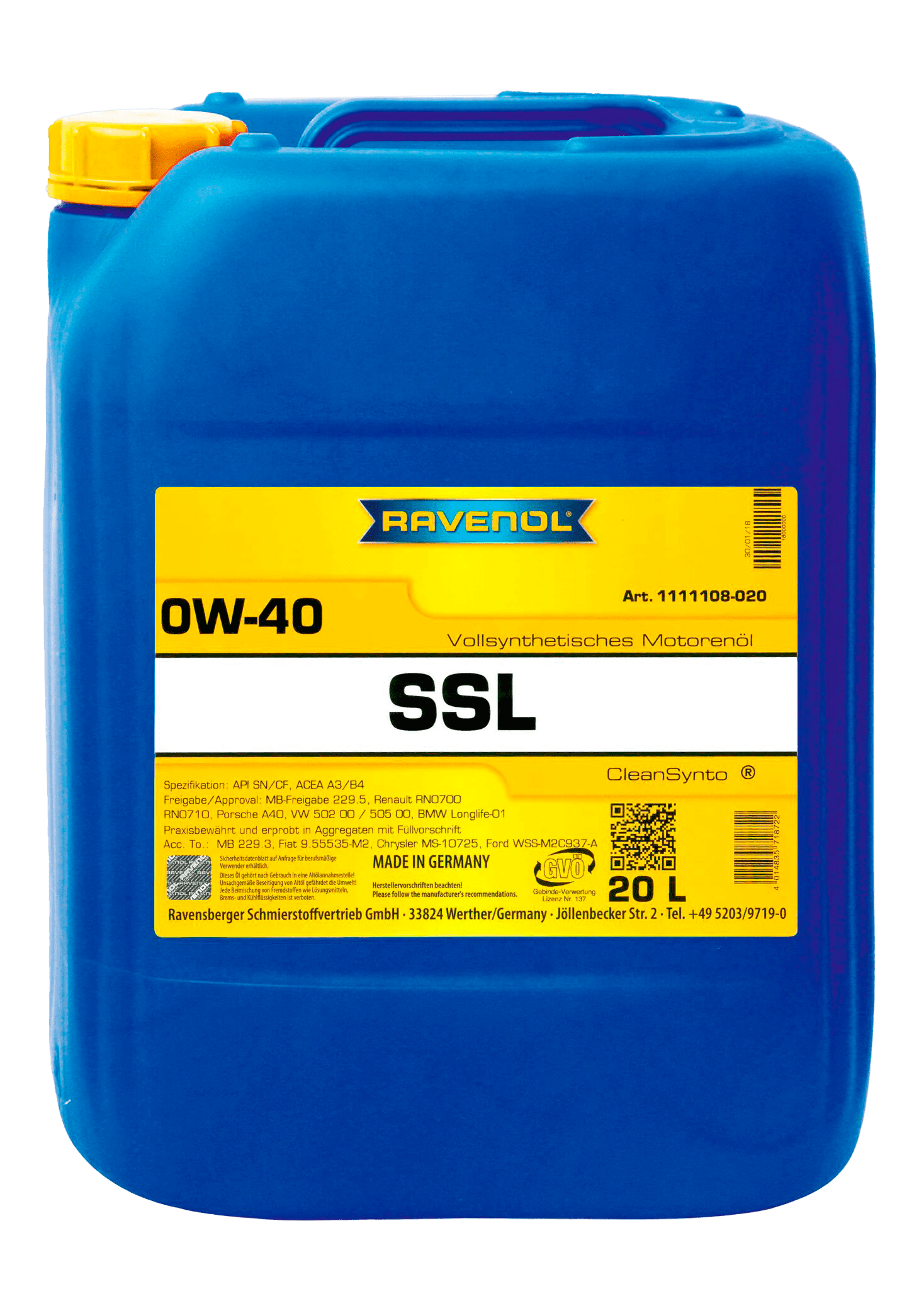 Моторное масло Ravenol Super Synthetik Oel SSL SAE 0W-40, 20л